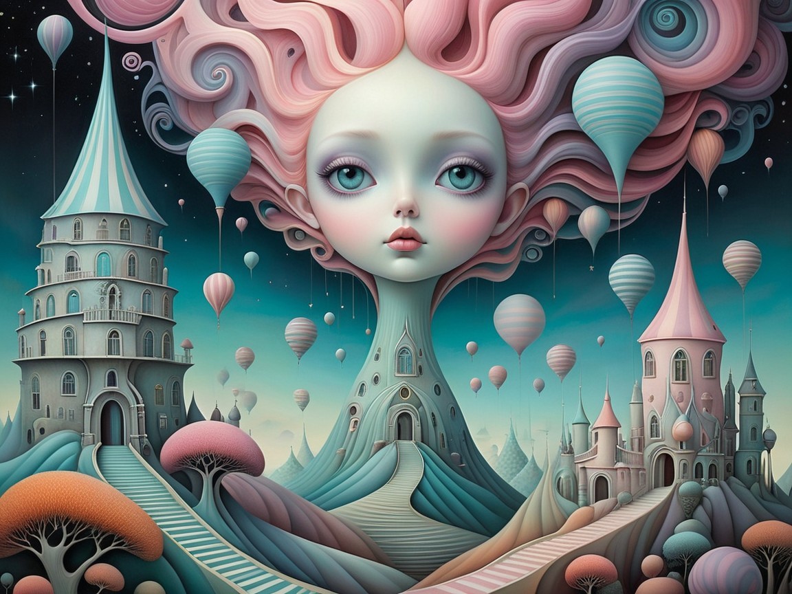 Whimsical Fantasy Landscape with Stylized Female Head