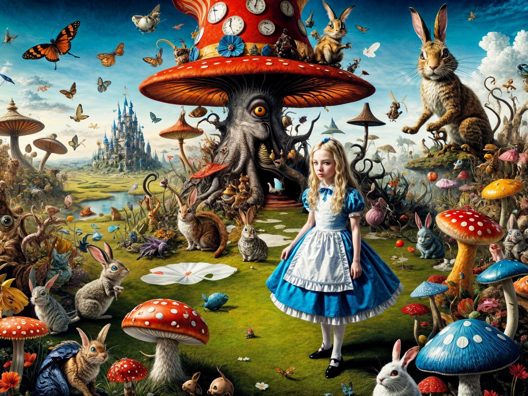Young Girl in Whimsical Landscape with Enchanted Creatures