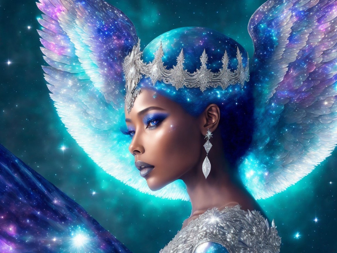 Majestic figure with iridescent wings and headpiece