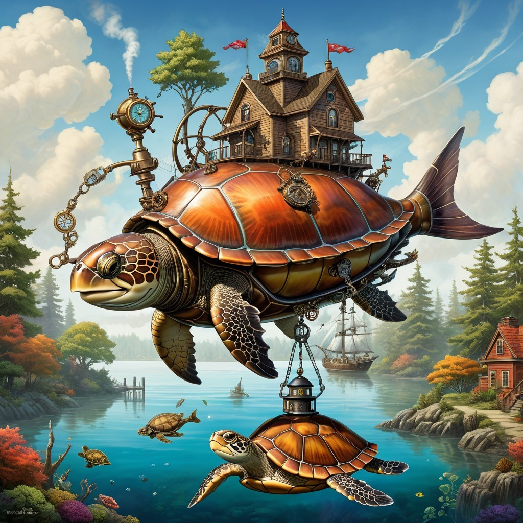 Giant Steampunk Turtle Carrying House in the Sky