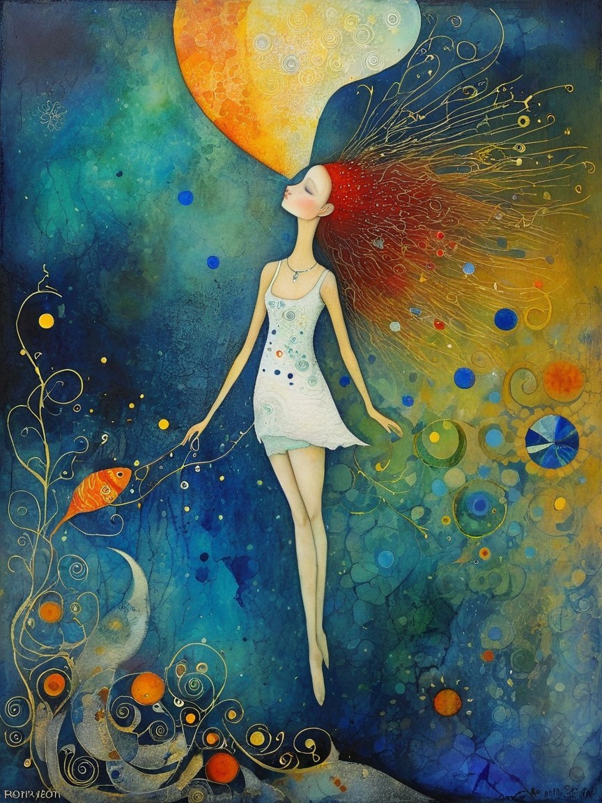 Whimsical Painting of a Girl with Flowing Red Hair