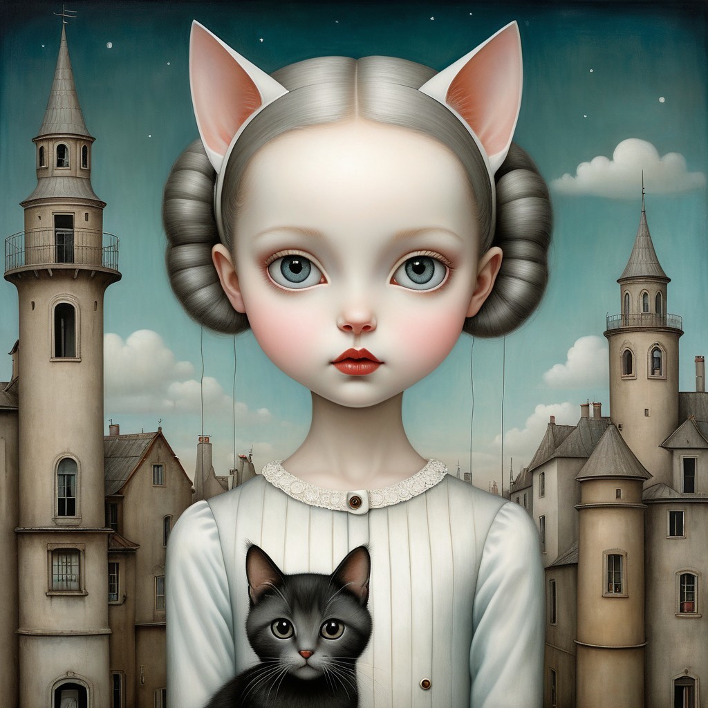 Whimsical Girl with Cat Ears and Black Cat in Fantasy Setting