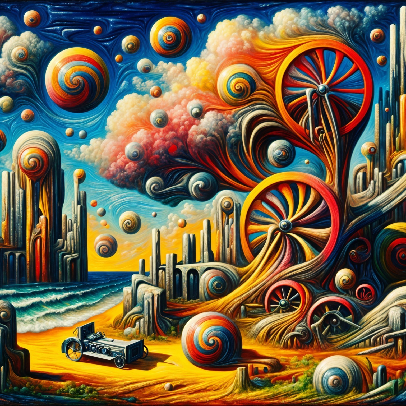 Surreal Landscape with Colorful Elements and Vintage Car