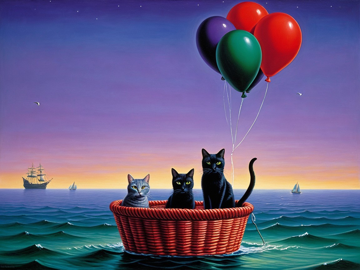 Three Cats in a Basket on Colorful Waves Scene