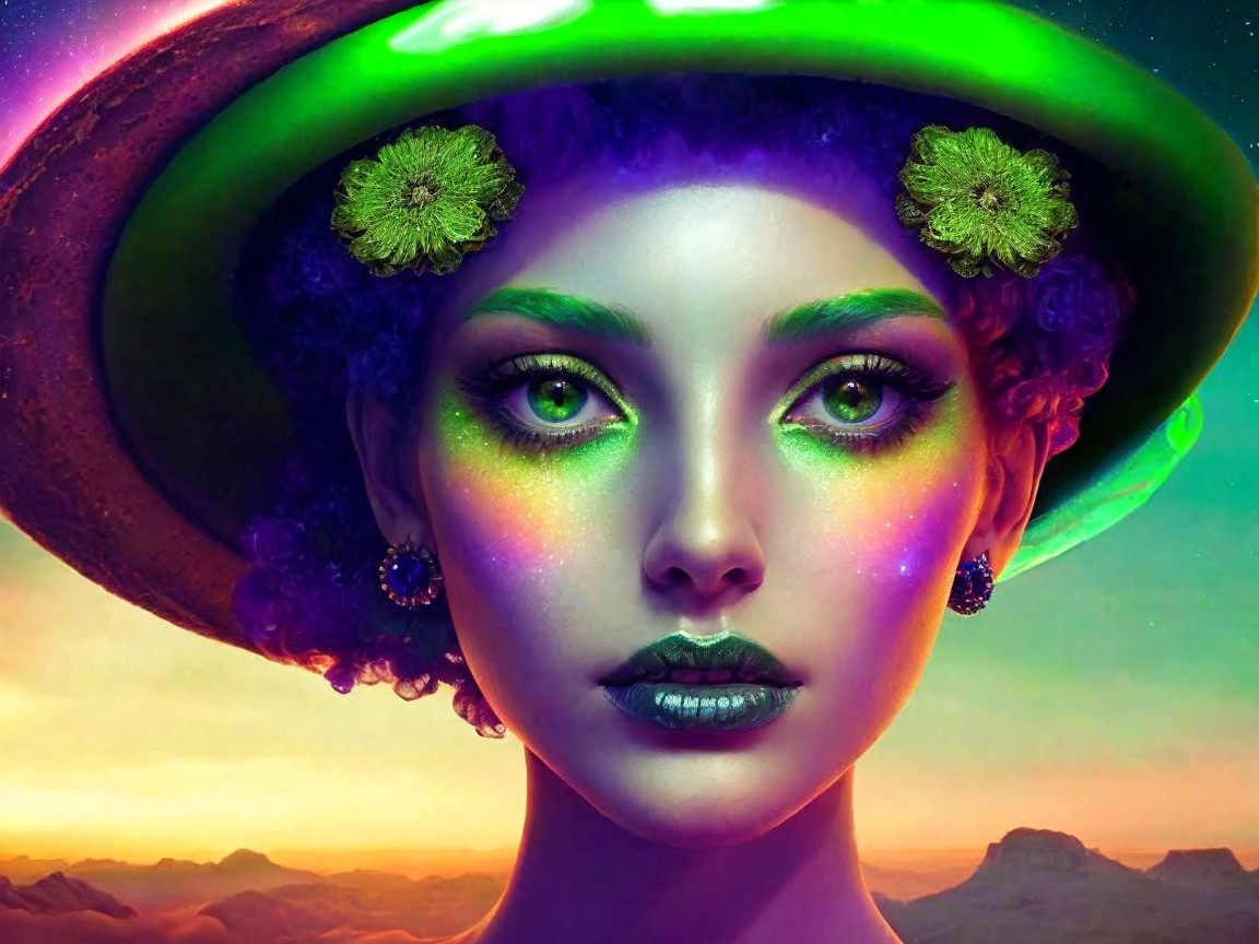 Surreal Portrait of a Woman with Green Eyes and Purple Hair
