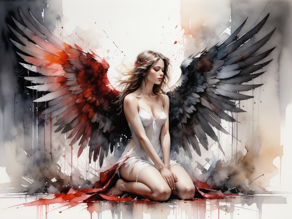 Watercolor painting of an angel with contrasting wings