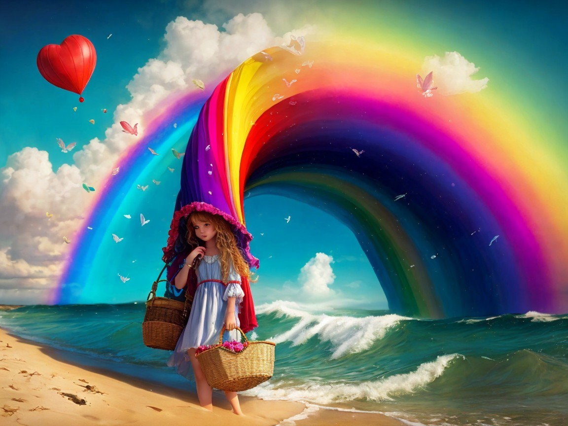 Young girl with baskets on a beach under a rainbow
