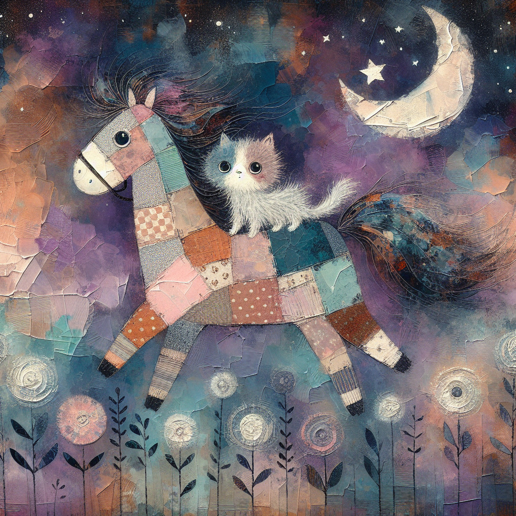 Whimsical Patchwork Horse and Cat Under Night Sky