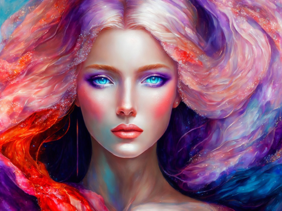 Portrait of a woman with vibrant hair and blue eyes