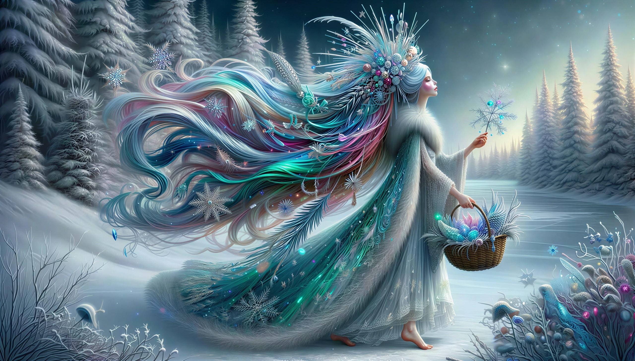 Winter Fairy in Snowy Forest with Colorful Eggs