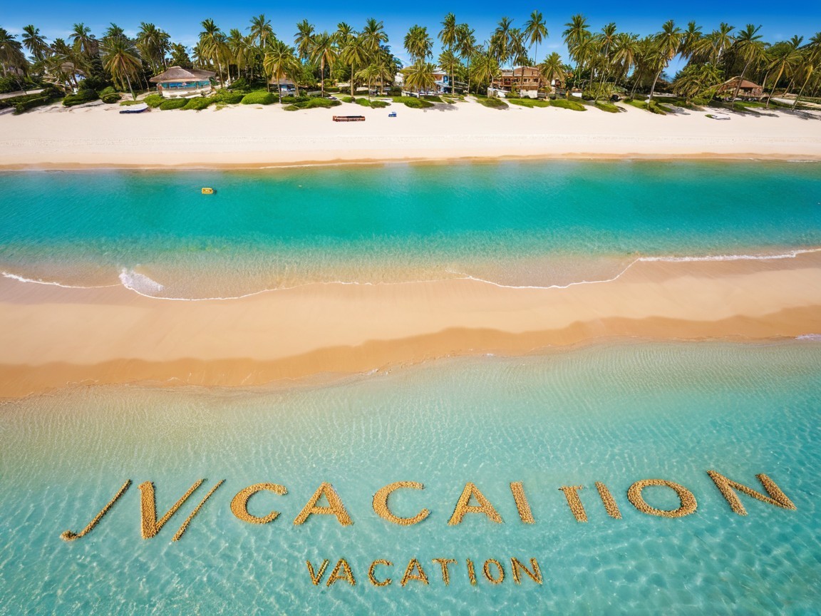 Aerial View of Beach with "VACATION" in Sand