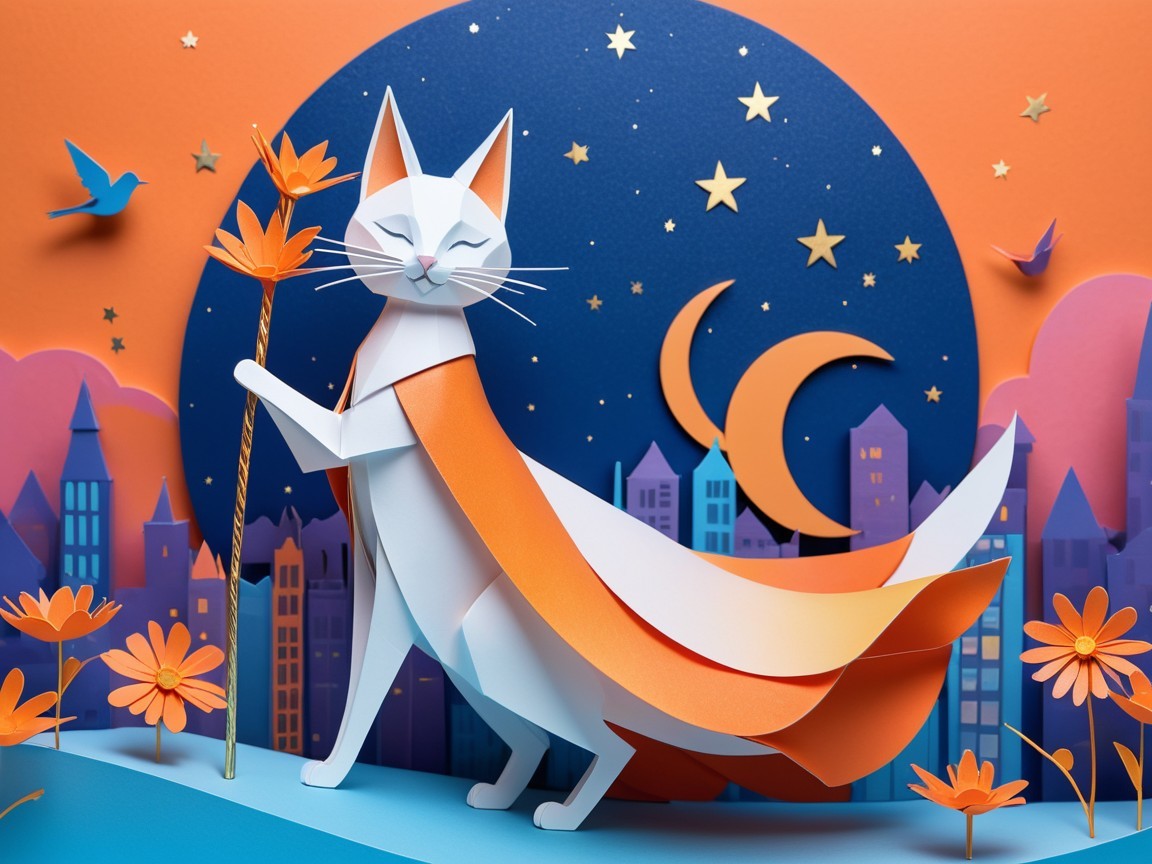 Whimsical Paper Art Scene with Cat and Night Sky