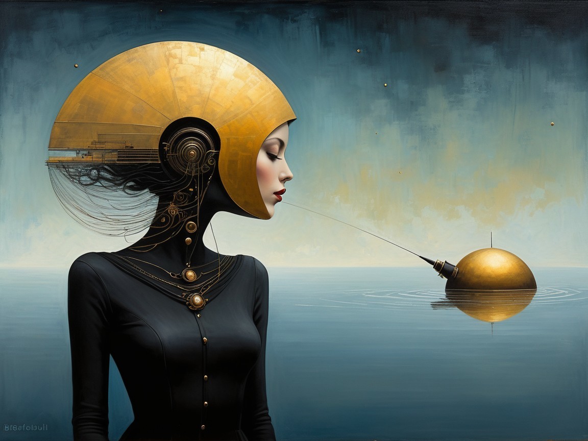 Futuristic Woman with Golden Headpiece and Water Scene