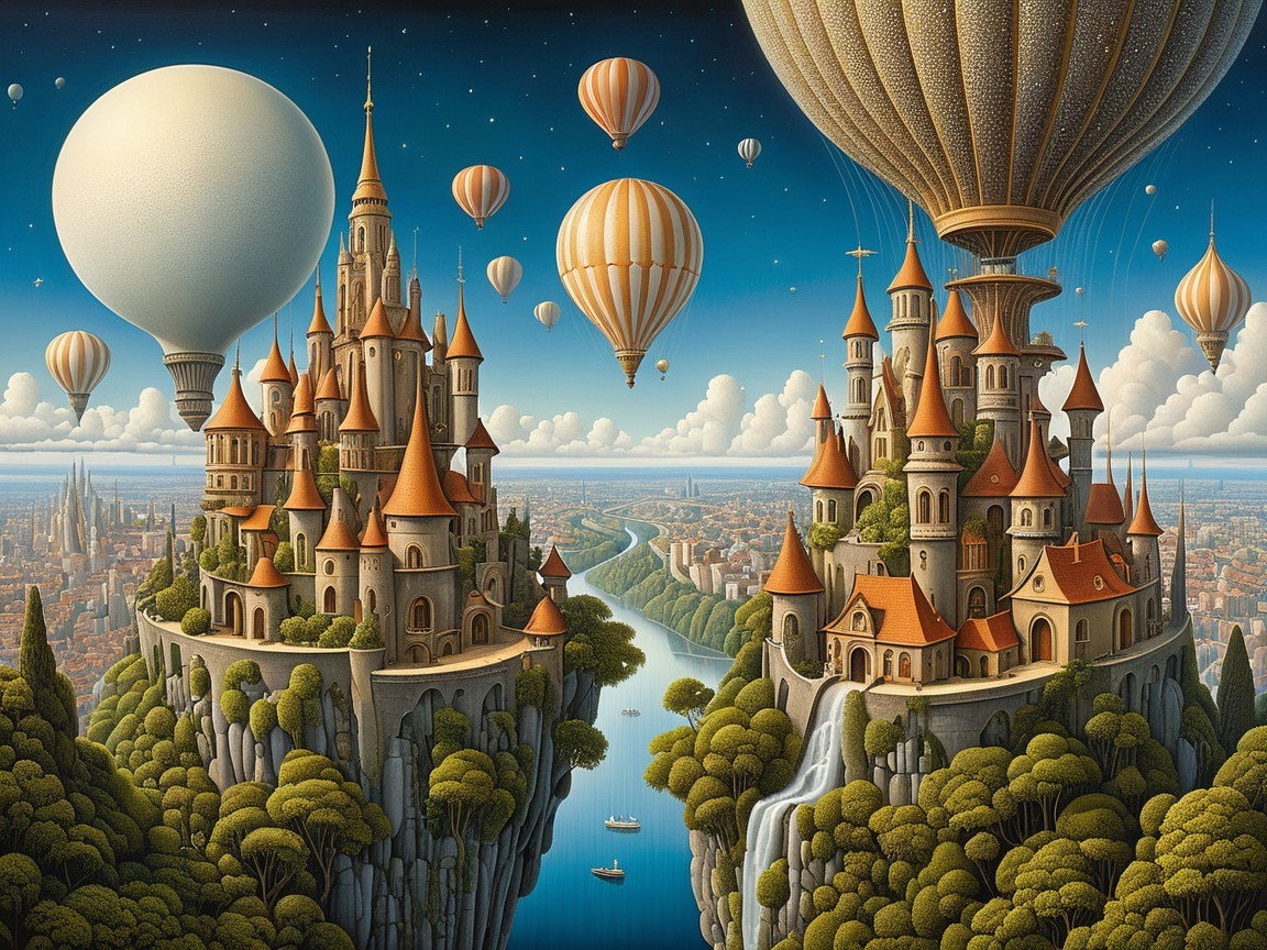 Whimsical Landscape with Castles and Hot Air Balloons