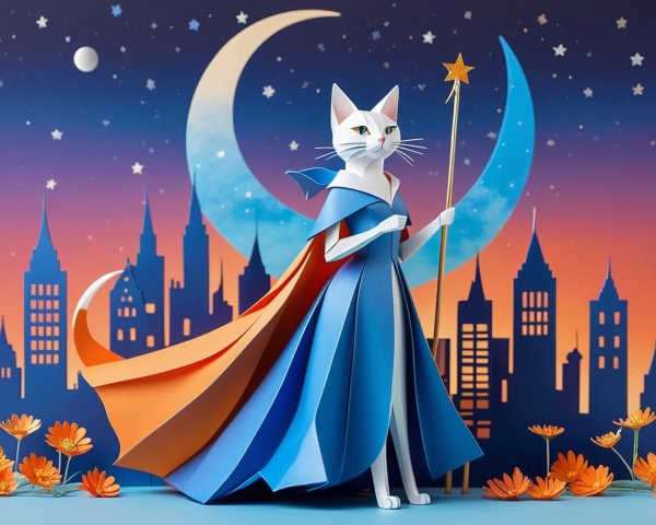 Whimsical Paper Art of Cat Sorceress in Twilight Scene