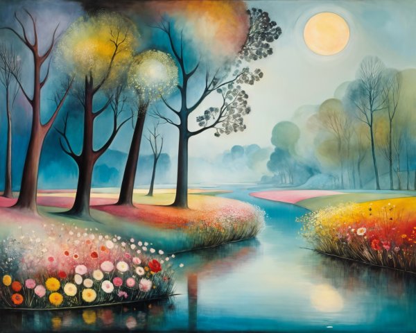 Tranquil River and Vibrant Flower Fields Landscape
