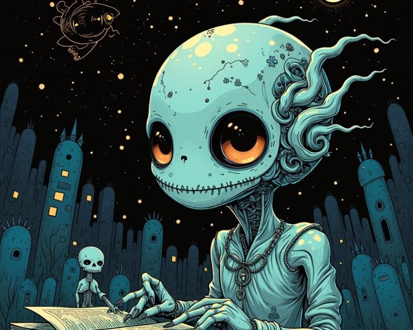 Whimsical Scene with Blue Figure and Skeleton Child