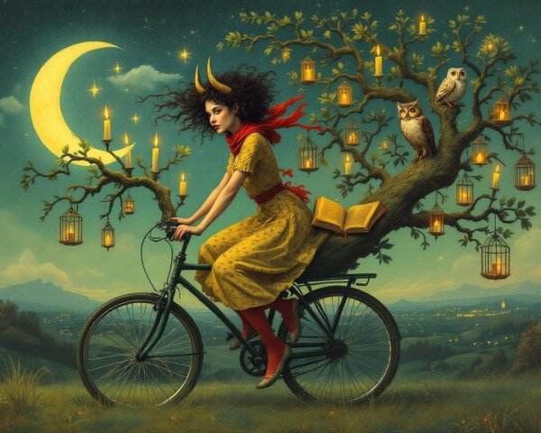 Whimsical Scene of a Girl on a Bicycle at Night
