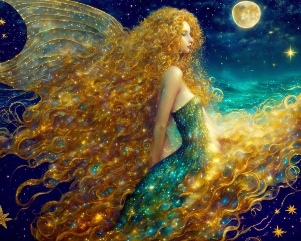 Mystical maiden in cosmic gown under starry sky