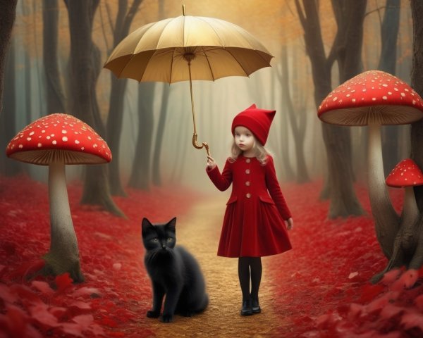 Whimsical Autumn Forest with Girl and Black Cat