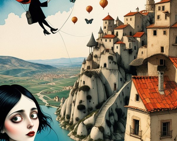Whimsical Landscape with Floating Woman in Balloon