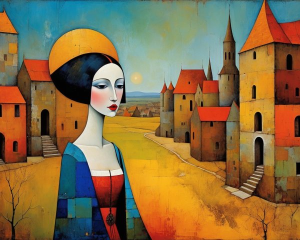 Stylized Woman in Colorful Dress with Vibrant Landscape