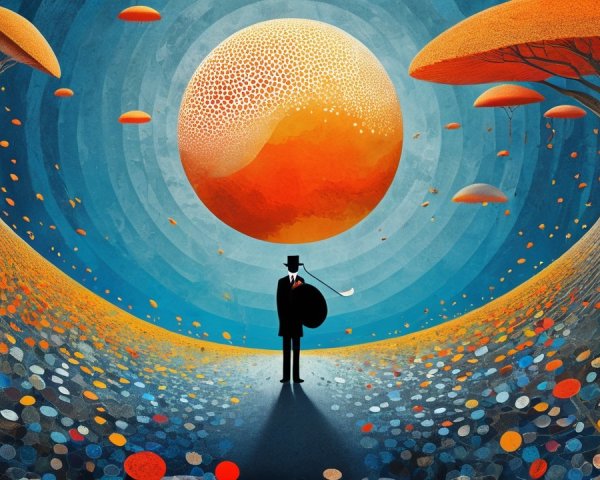 Surreal Landscape with Figure in Black Suit and Bowler Hat