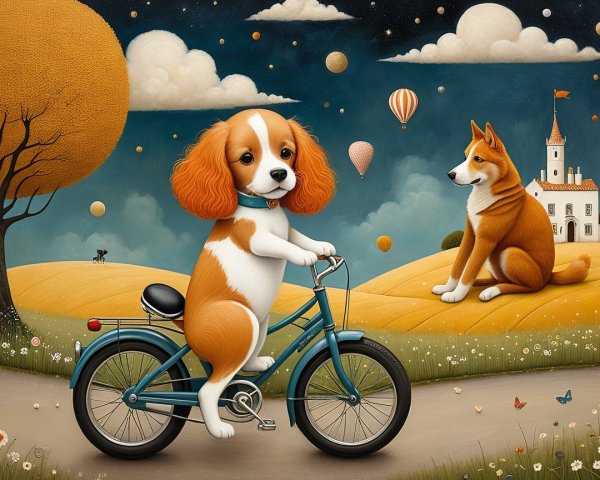 Whimsical Illustration of Dogs and Hot Air Balloons