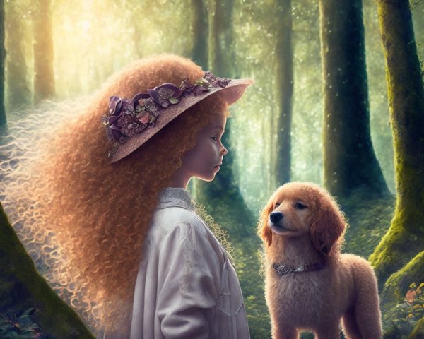 Young girl with puppy in a mystical forest setting