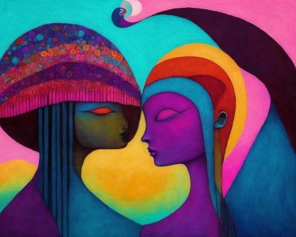 Abstract Faces with Decorative Hat in Vibrant Colors