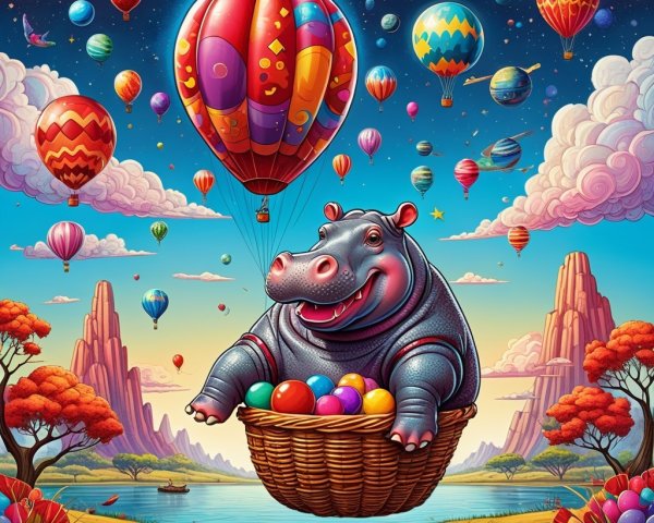 Playful Hippo in Basket with Colorful Eggs and Balloons