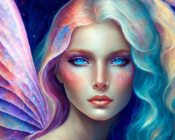 Ethereal Fairy with Blue Hair and Opalescent Wings