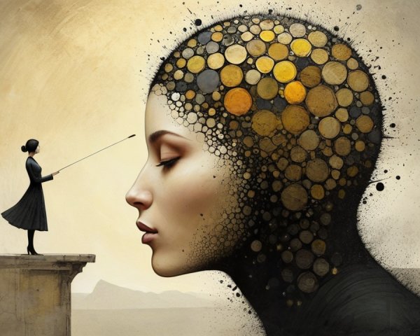 Surreal Scene of Figure and Textured Golden Head