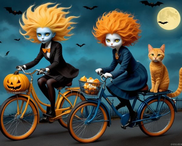 Whimsical Characters Riding Bicycles at Night