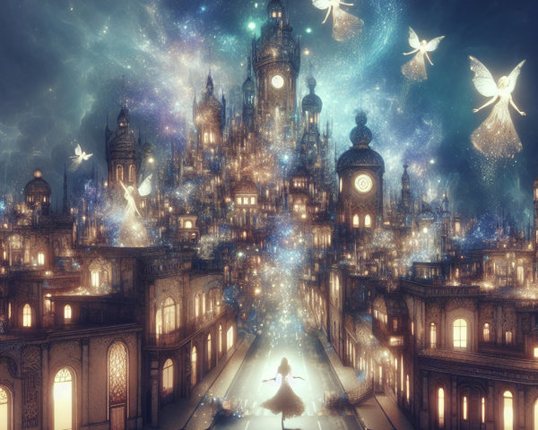 Whimsical Cityscape with Ethereal Light and Fairies