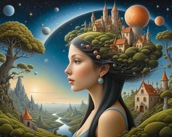 Woman with Black Hair in a Fantasy Landscape
