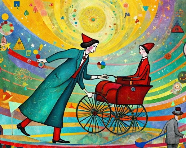 Surreal Artwork with Whimsical Figures and Vivid Colors