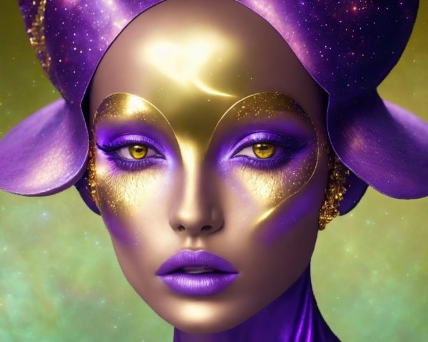 Futuristic Portrait with Metallic Skin and Cosmic Background
