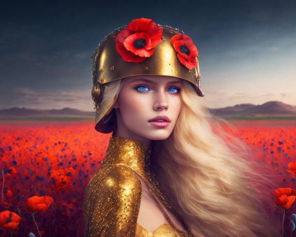 Young Woman in Golden Helmet Surrounded by Red Flowers