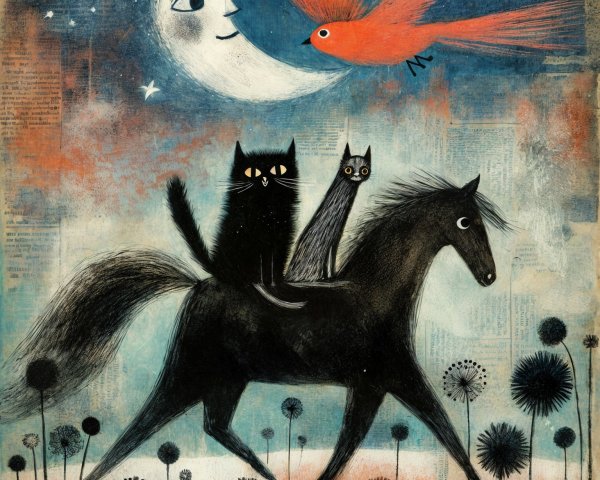 Whimsical Illustration of Cats on a Horse at Night