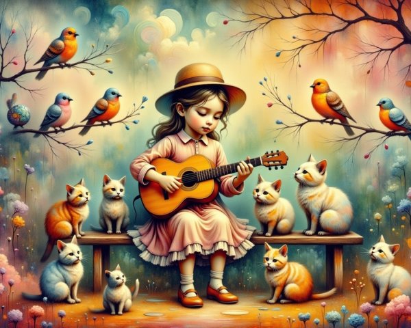 Whimsical Landscape with Girl, Kittens, and Birds
