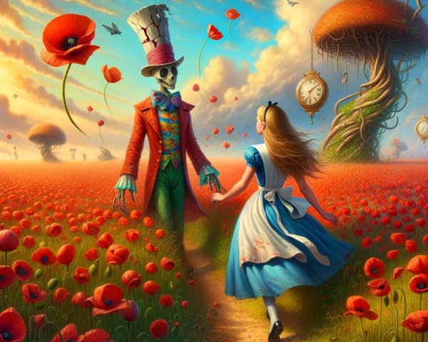 Surreal Landscape with Girl and Skeletal Figure