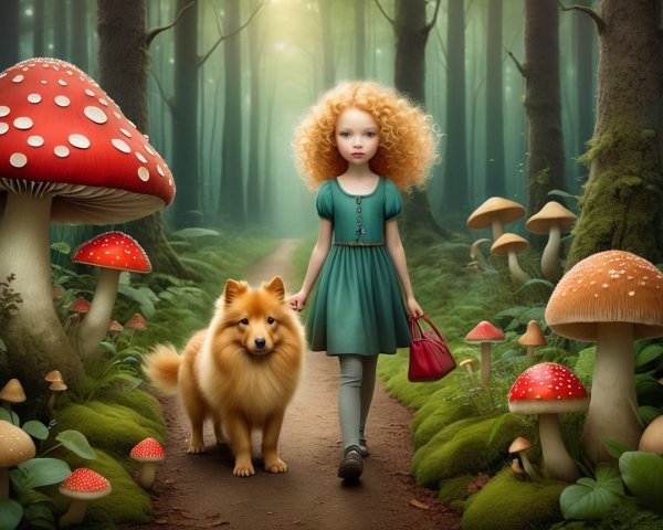 Young girl in green dress walks in a mystical forest