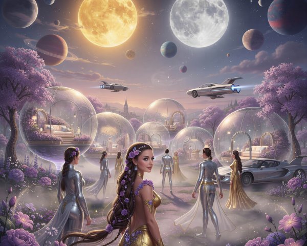 Futuristic Landscape with Women Under Multi-Moonlit Sky