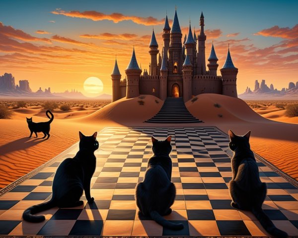 Surreal Desert Scene with Cats and Chessboard Castle