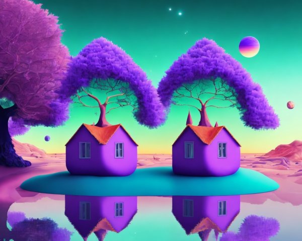 Surreal Landscape with Purple Houses and Colorful Sky