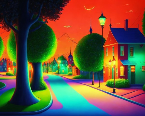 Twilight Street Scene with Colorful Houses and Trees