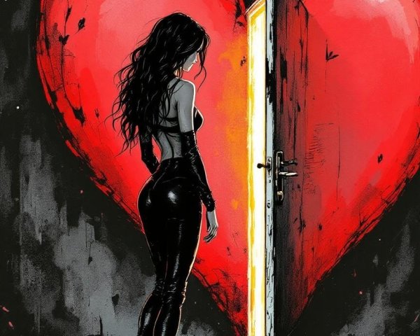 Mysterious Woman by Heart-Shaped Door with Glow