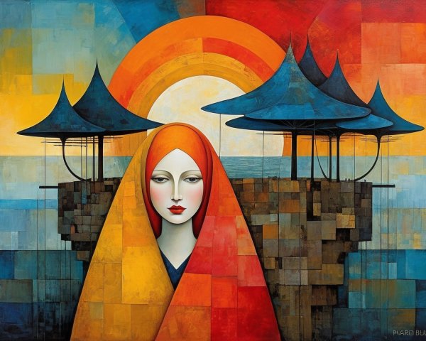 Serene Figure with Vibrant Geometric Background