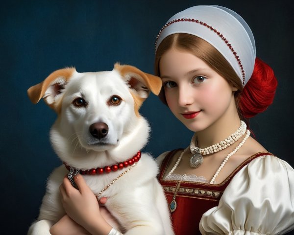 Young girl in traditional outfit with fluffy dog